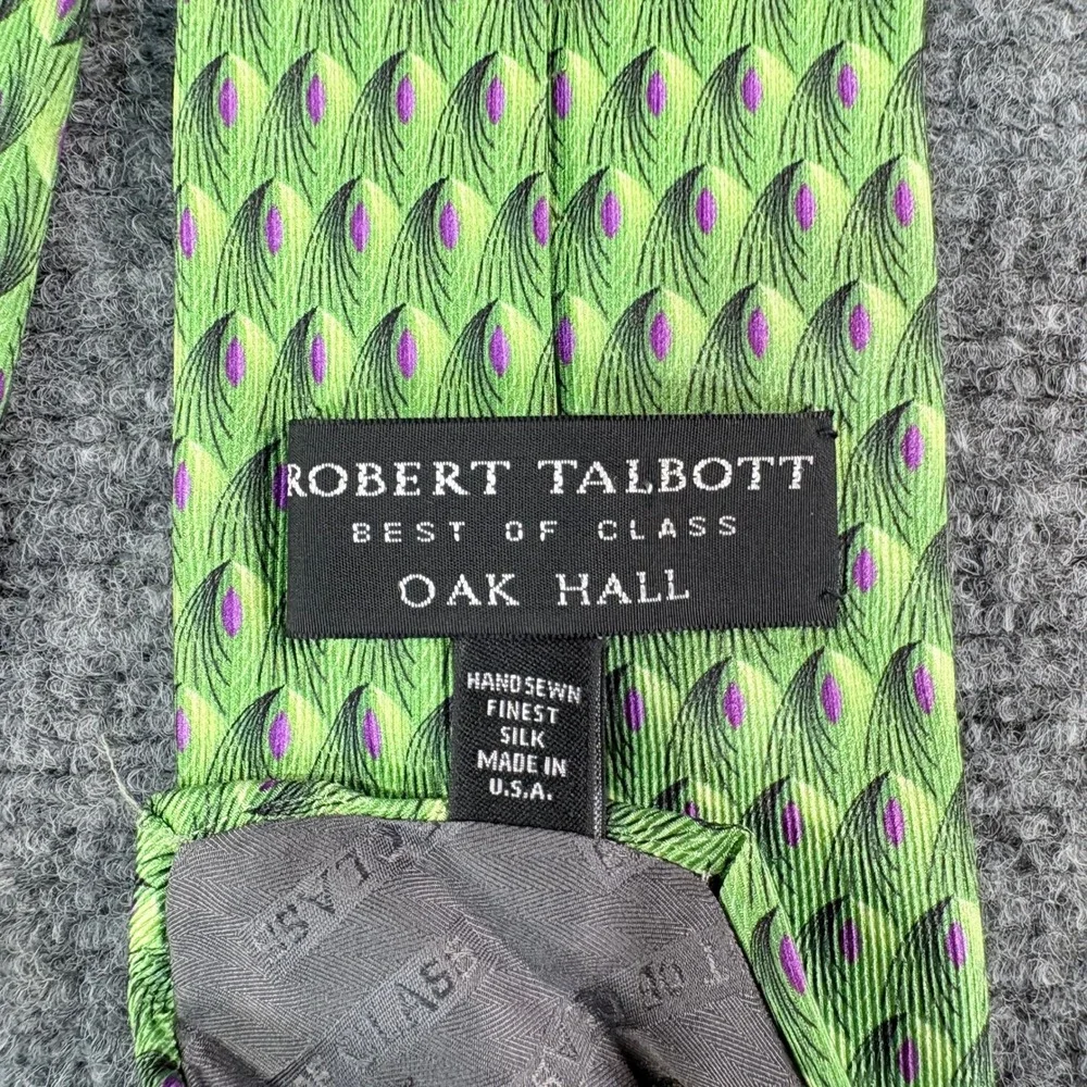 Robert Talbott Best of Class Oak Hall Silk Tie Green Peacock Feather Pattern USA